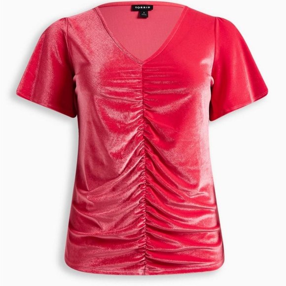 NWT Torrid Size 1X Stretch Velvet Shirred-Front Flutter Sleeve Top - Picture 3 of 4